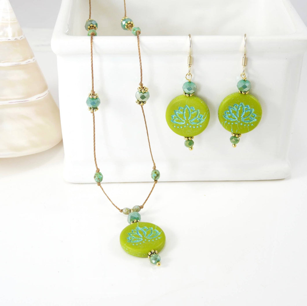 Lotus Necklace and Earring Set - Green
