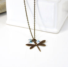 Load image into Gallery viewer, Brass Necklace Blue Dragonfly

