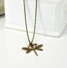 Load image into Gallery viewer, Brass Necklace Blue Dragonfly
