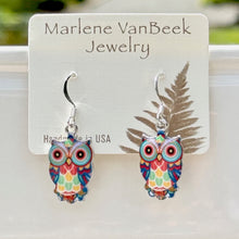 Load image into Gallery viewer, Colored Metal Owl Earrings
