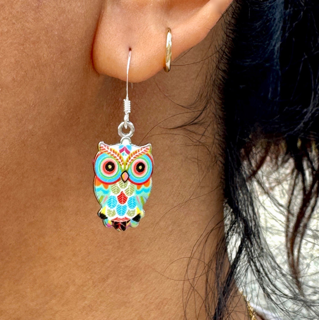 Colored Metal Owl Earrings