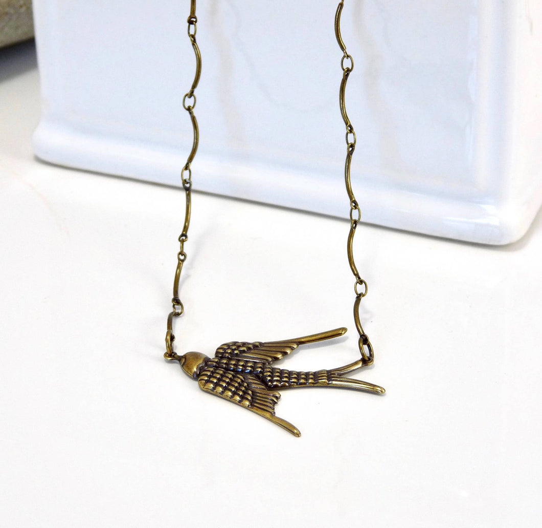 Brass Necklace Swooping Swallow