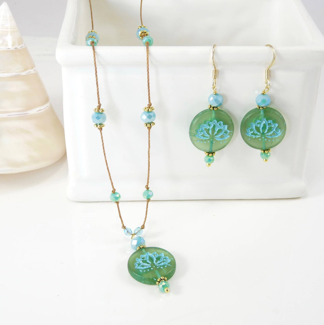 Lotus Necklace and Earring Set - Aqua