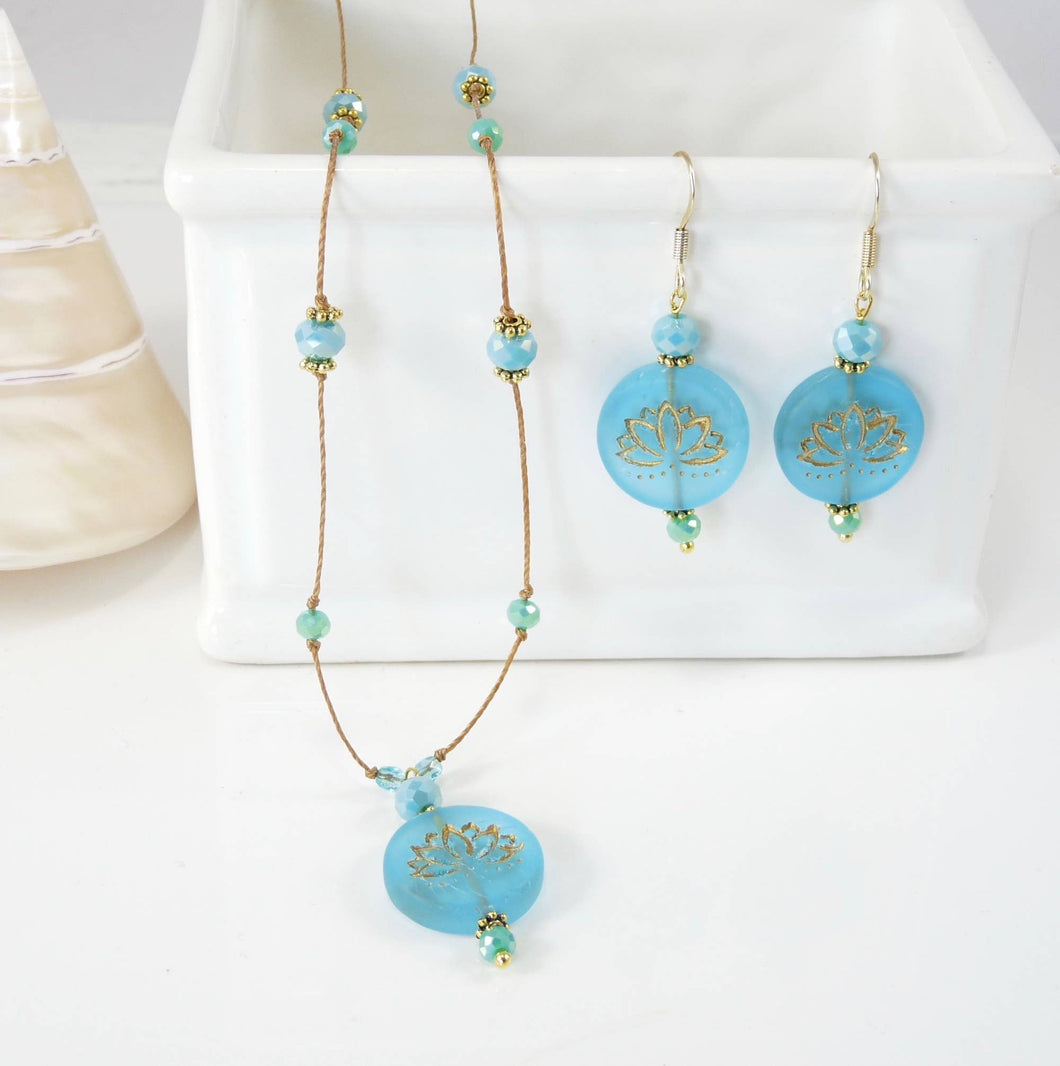 Lotus Necklace and Earring Set - Blue