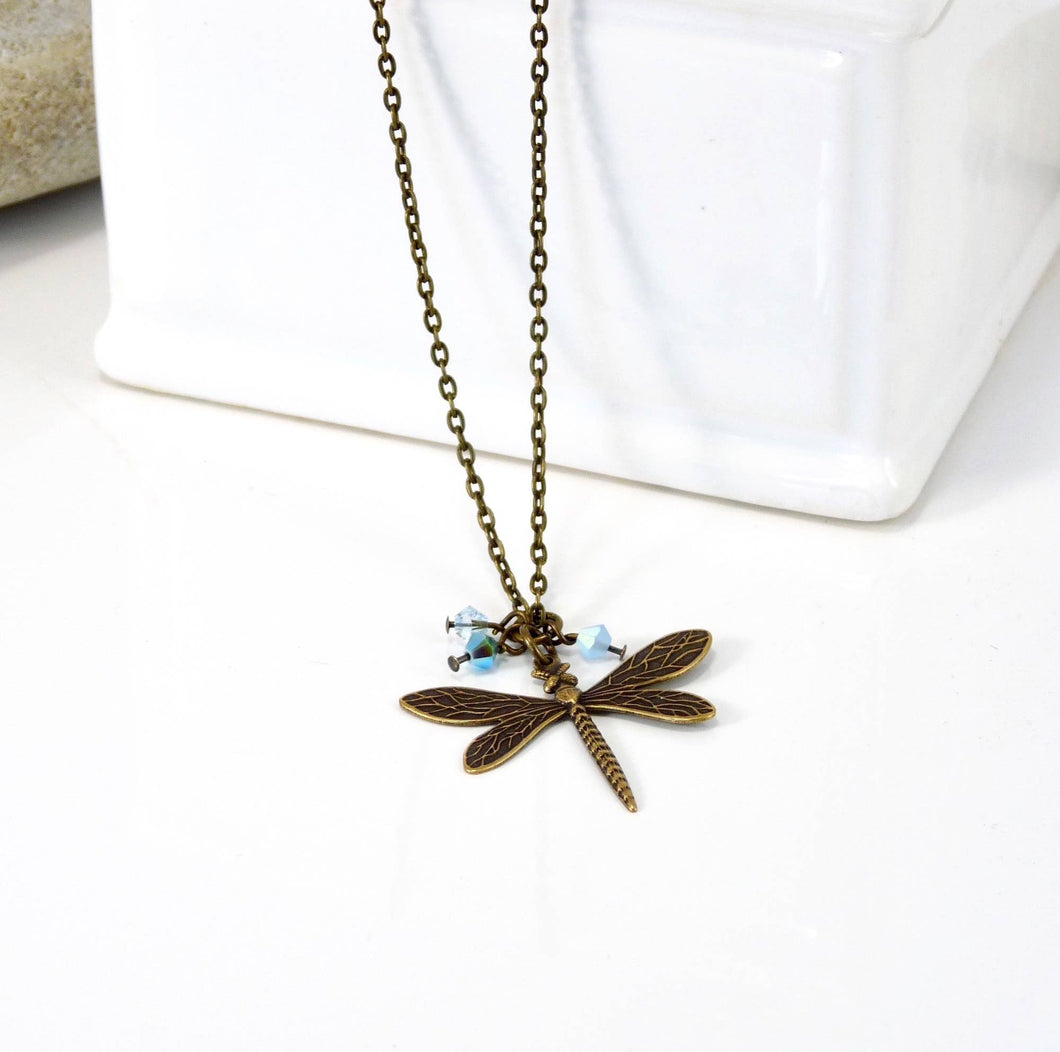 Brass Necklace Blue Dragonfly
