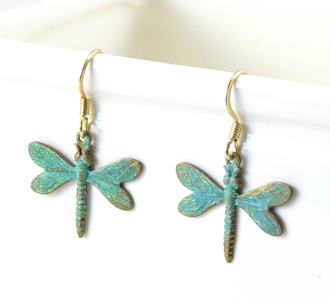 Brass Dragonfly Earrings - Patina