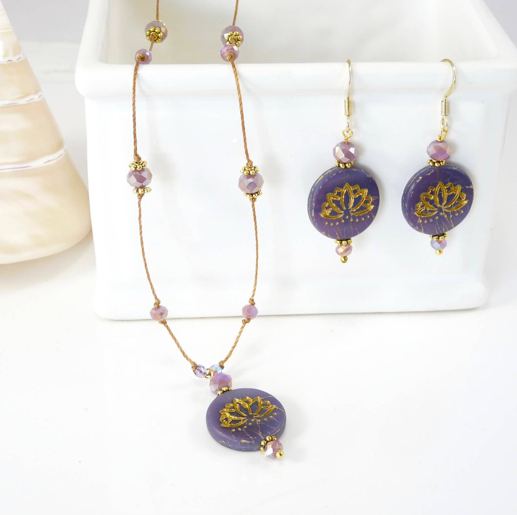Lotus Necklace and Earring Set - Purple