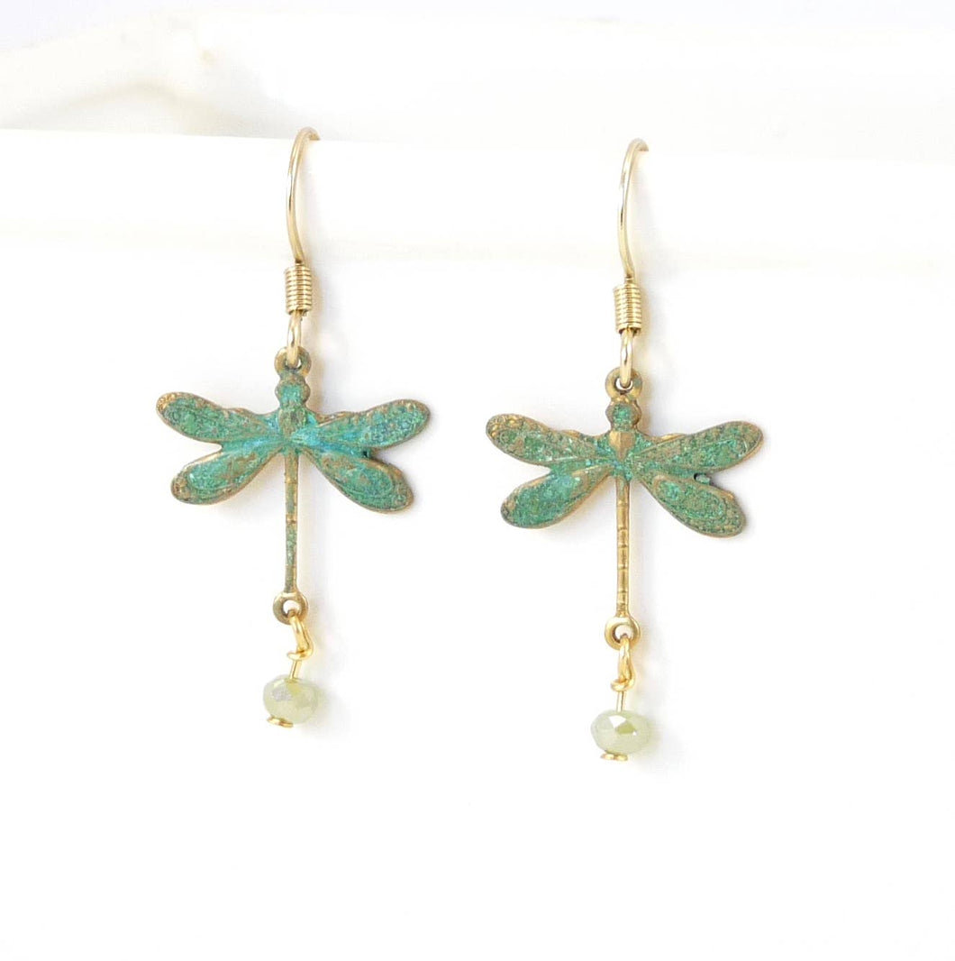 Brass Little Dragonfly Earrings - Patina