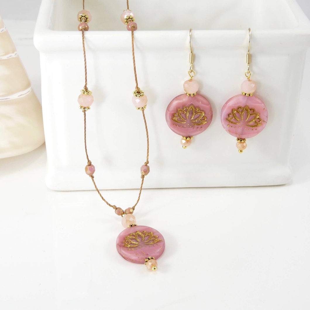 Lotus Necklace and Earring Set - Pink